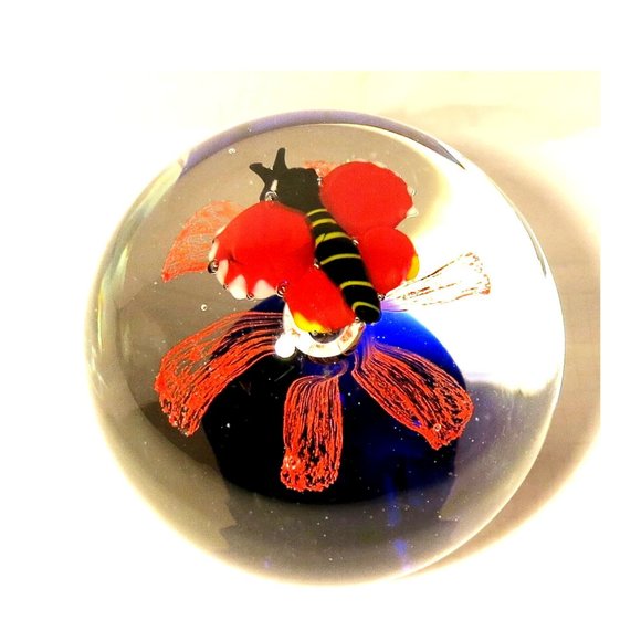 Vintage Hand Blown Art Glass Round Bubbled Paperweight Red Blue Orange - Picture 3 of 6